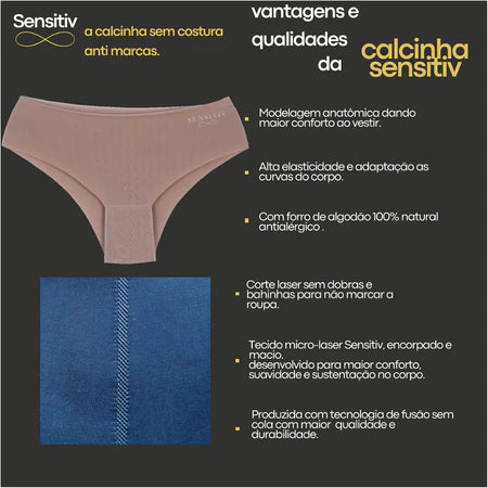 Kit Com 15 calcinhas altas Sensitiv Sem Costura Corte Laser